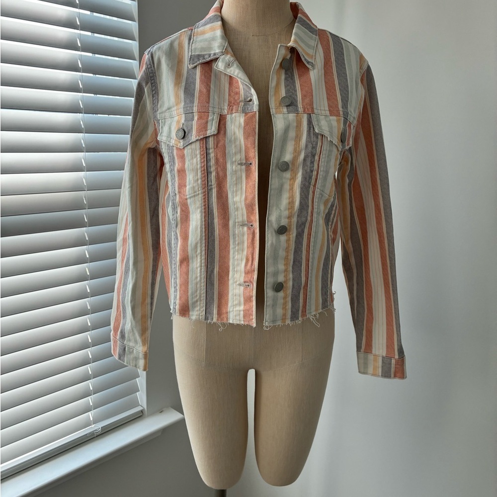 NWT Mavi Jean Multi-Colored Striped Denim Distressed Cropped Jacket